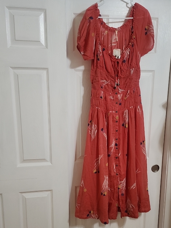 Free People Dresses & Skirts - Free People New Coral Floral Button-Front Midi Dress with Smocked Waist